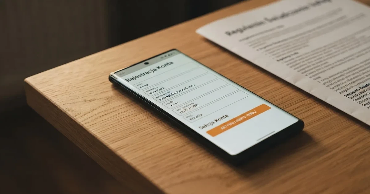 Smartfon z formularzem zakładania konta gracza i zakładką aktywacji środków bonusowych w sekcji konta