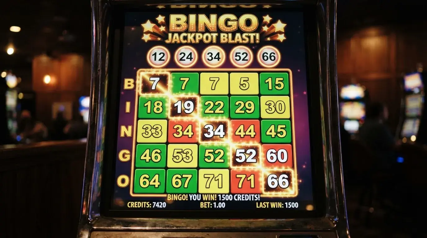 Ekran automatu do gry z kolorową planszą w stylu bingo i podświetlonymi liczbami