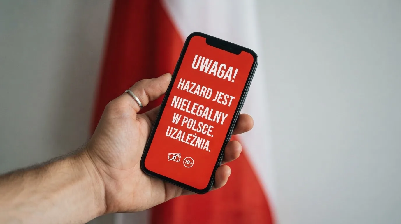 Dłoń trzymająca telefon z widocznym komunikatem ostrzegawczym o legalności hazardu online na tle biało-czerwonej flagi Polski.