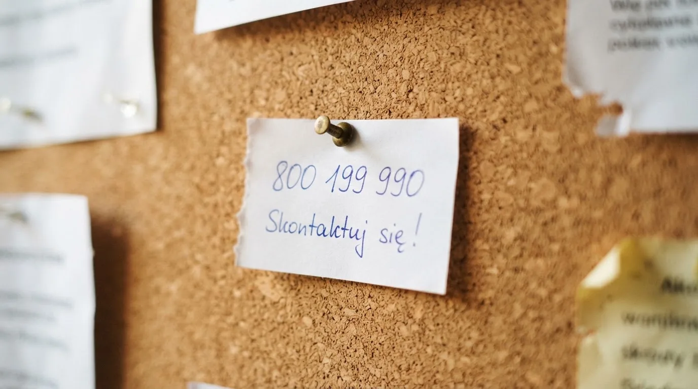Kartka z odręcznie zapisanym numerem telefonu przypięta pinezką do tablicy korkowej.