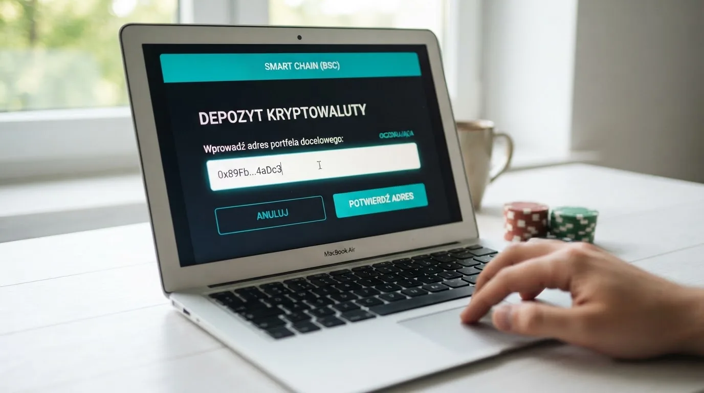 Zbliżenie na formularz wpłaty w kasynie online z polem na adres portfela kryptowalutowego BNB Smart Chain.