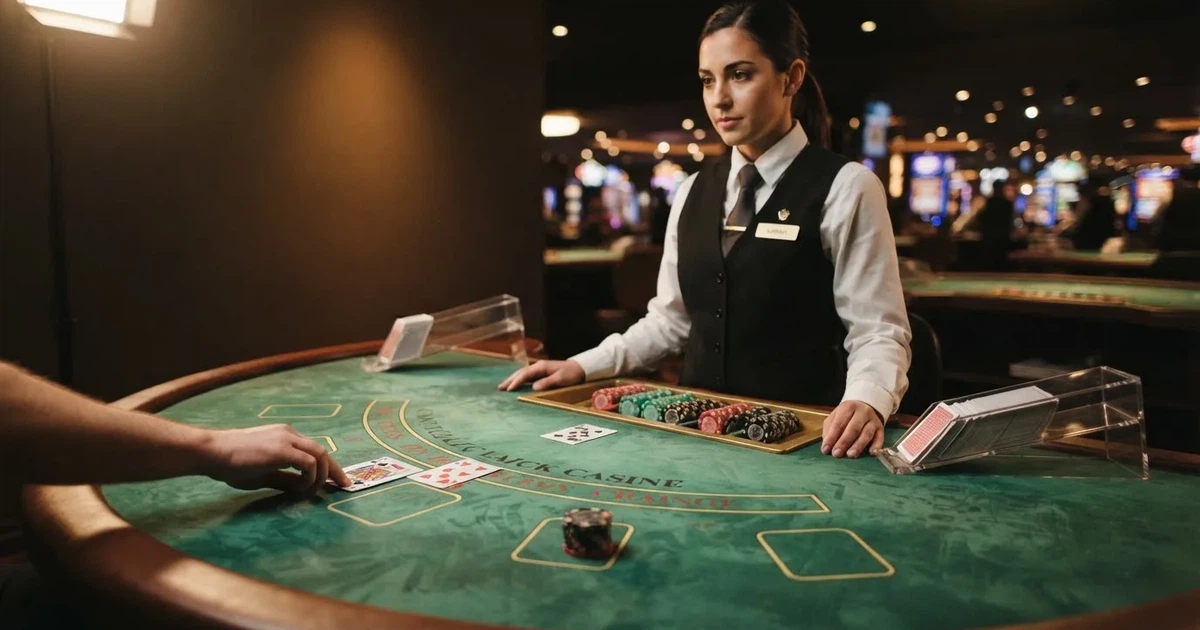 Krupier rozdający karty przy stole blackjacka na żywo w kasynie online