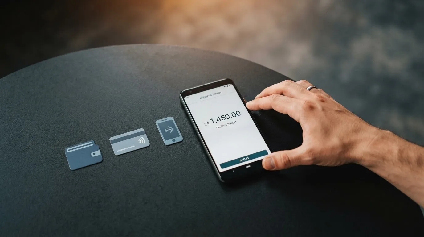 Ikony popularnych elektronicznych portfeli płatniczych obok telefonu z otwartą aplikacją bankową