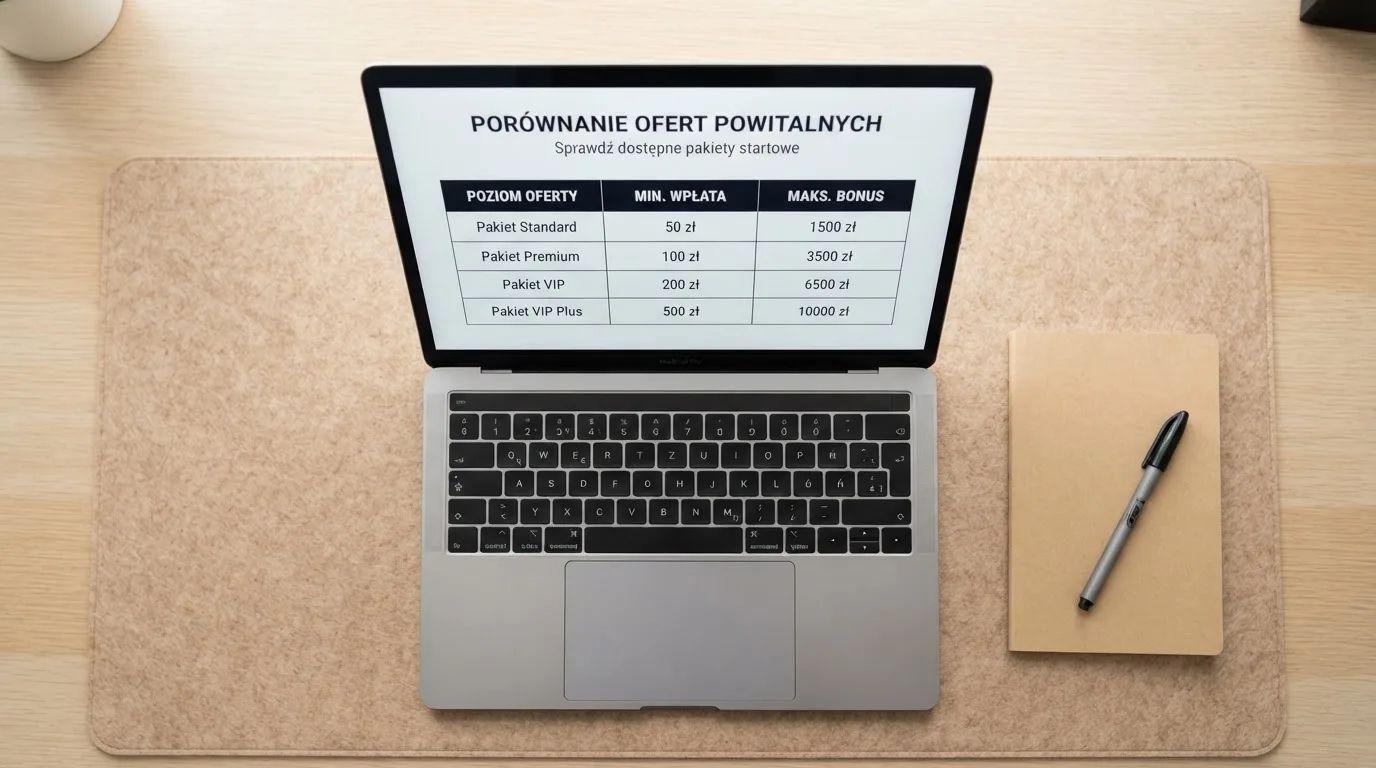 Widok z góry na laptop z otwartą tabelą porównawczą ofert powitalnych kilku serwisów kasynowych