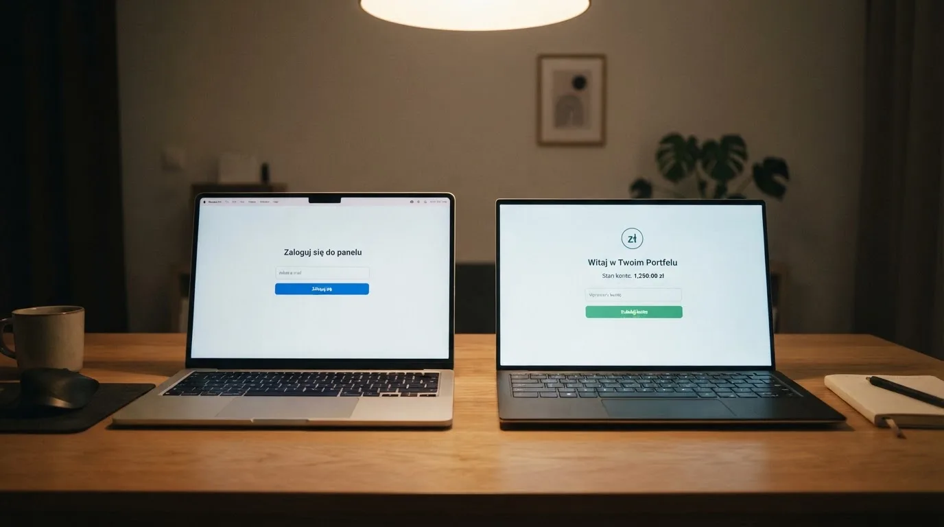 Dwa ekrany logowania kasyna online obok siebie na biurku, jeden z polskim interfejsem złotówkowym, symbolizujące porównanie dwóch różnych serwisów