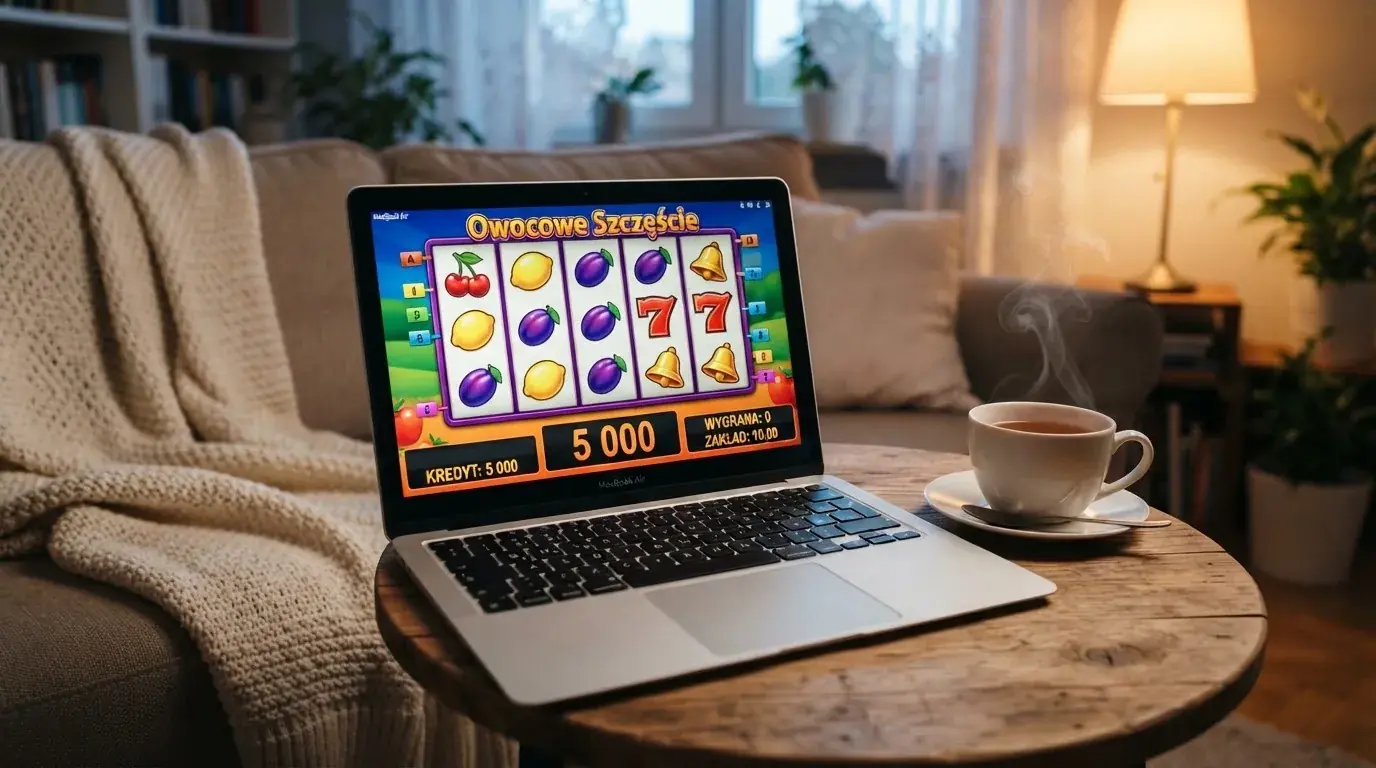 Ekran laptopa z automatem w trybie demo i saldem wirtualnych kredytów, obok kubek herbaty na stole w salonie