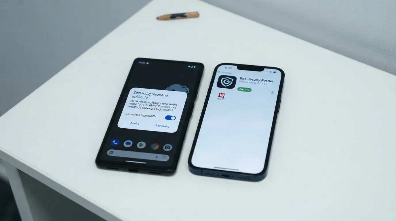 Dwa telefony obok siebie: na jednym komunikat zgody na instalację pliku APK z nieznanego źródła, na drugim strona aplikacji w sklepie z przyciskiem pobierania