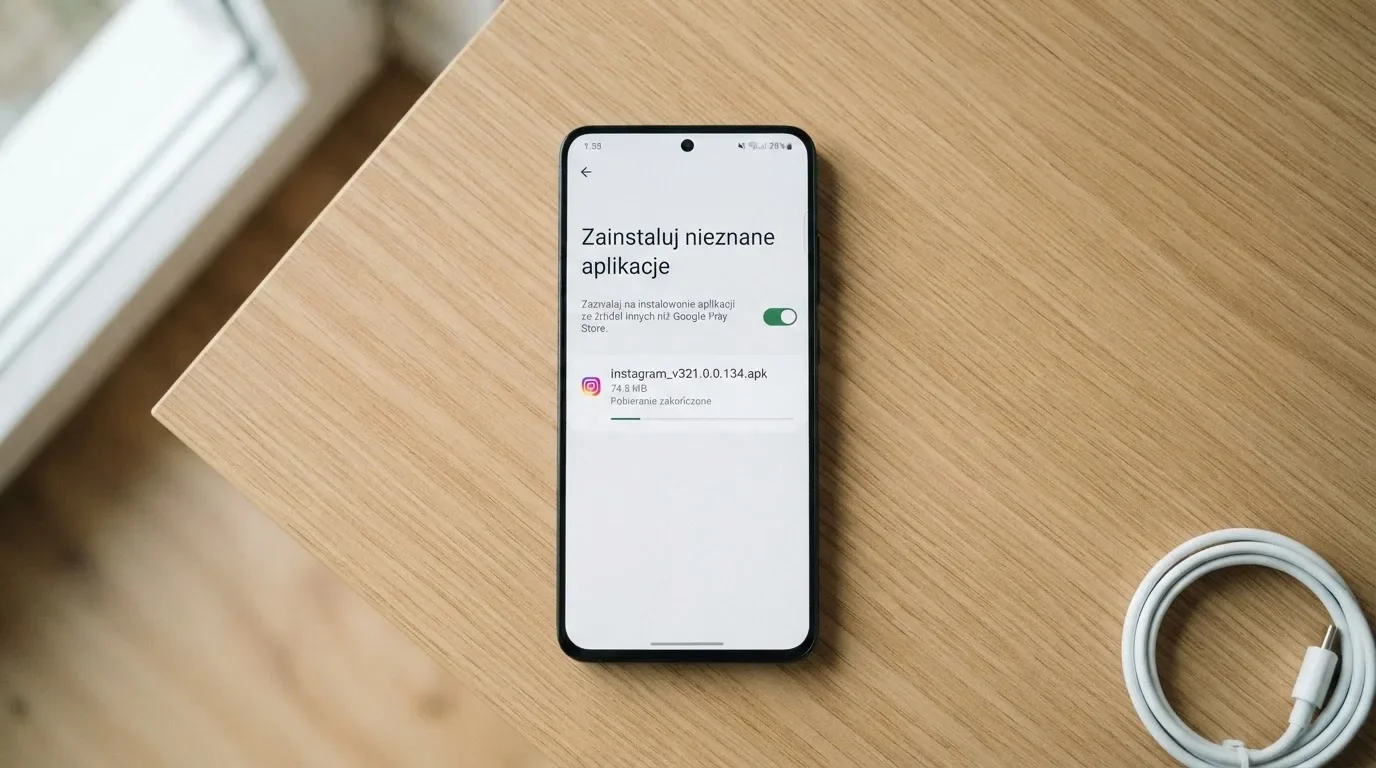 Ekran ustawień Androida z przełącznikiem zgody na instalację aplikacji z nieznanego źródła i pobranym plikiem instalacyjnym na liście