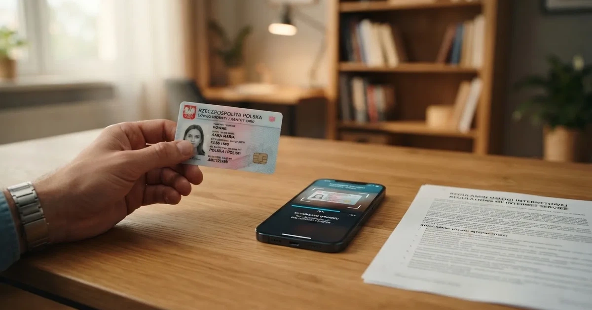 Dłoń trzymająca dowód osobisty obok ekranu smartfona z formularzem przesyłania skanu dokumentu, na biurku wydruk regulaminu