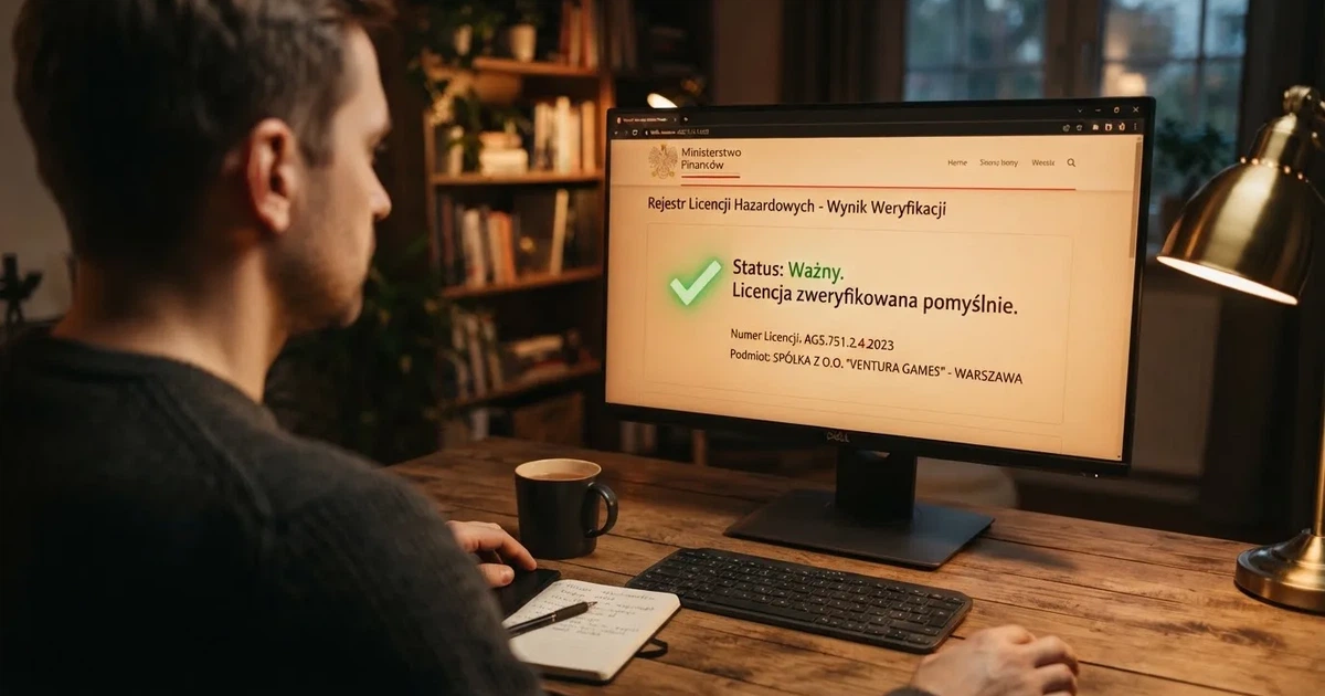 Zbliżenie na pieczęć weryfikacyjną licencji hazardowej wyświetloną na ekranie komputera