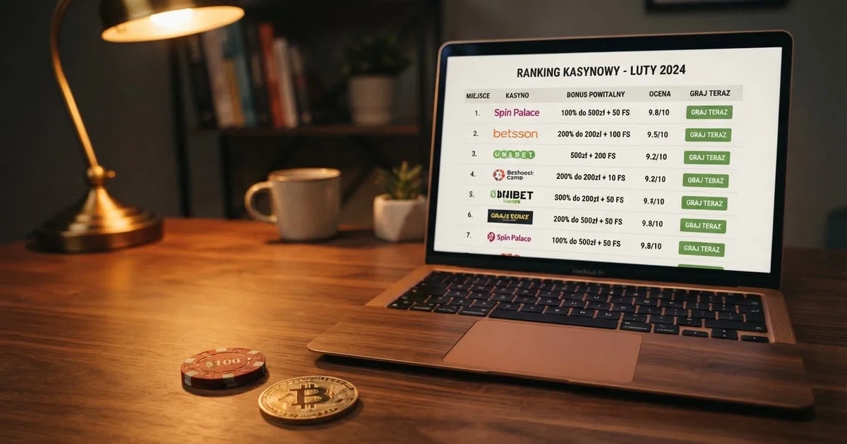 Ekran laptopa z otwartą stroną porównania kasyn online obok fizycznego żetonu i symbolu kryptowaluty Bitcoin Cash.