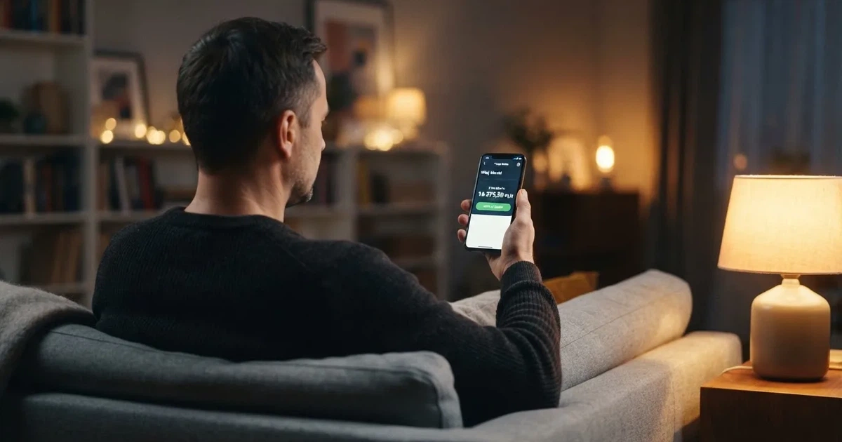 Dorosły mężczyzna na kanapie trzyma smartfon z Androidem, na ekranie saldo konta gracza w złotych obok przycisku wypłaty