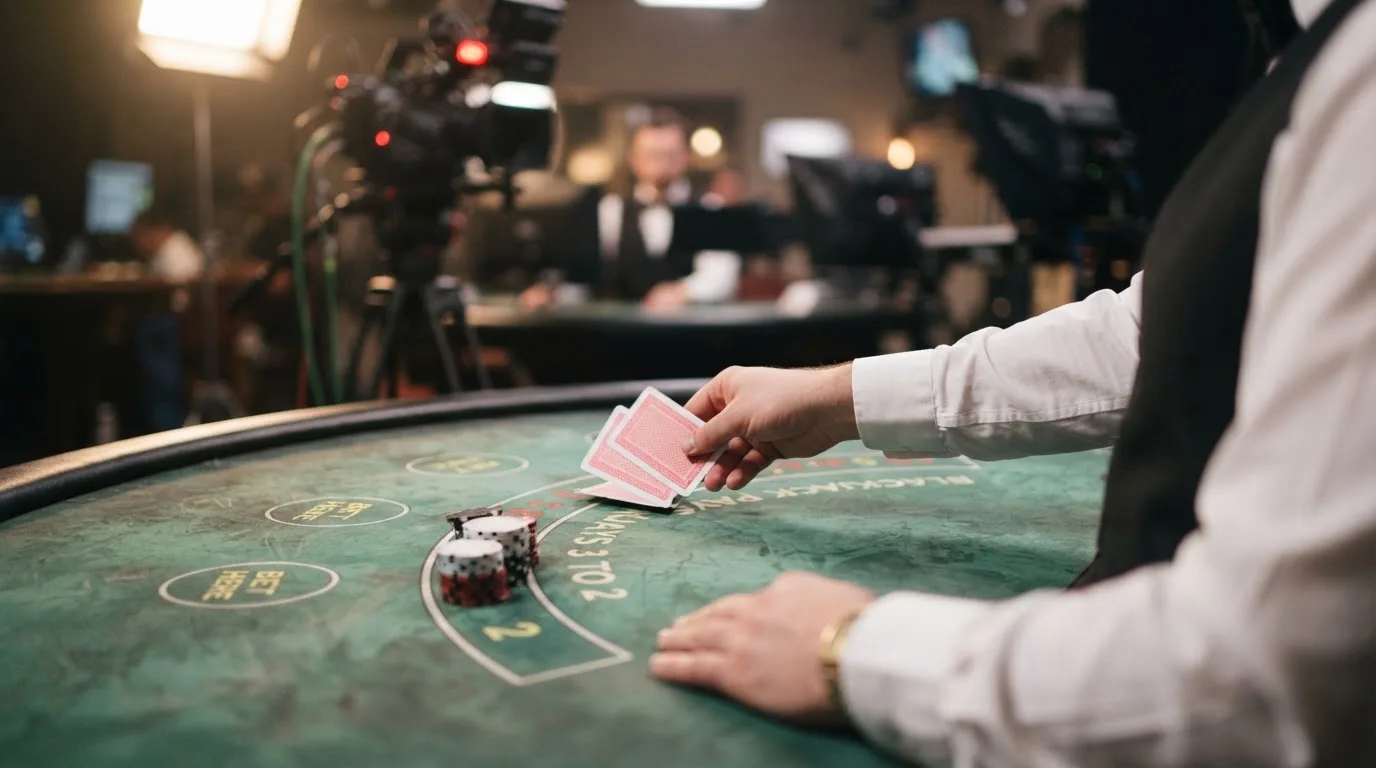 Krupier rozdający karty przy stole blackjacka podczas transmisji na żywo