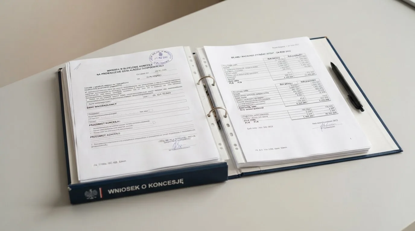 Segregator z wnioskiem o koncesję na kasyno gry, wydrukiem sprawozdania finansowego i urzędową pieczątką leżący na biurku