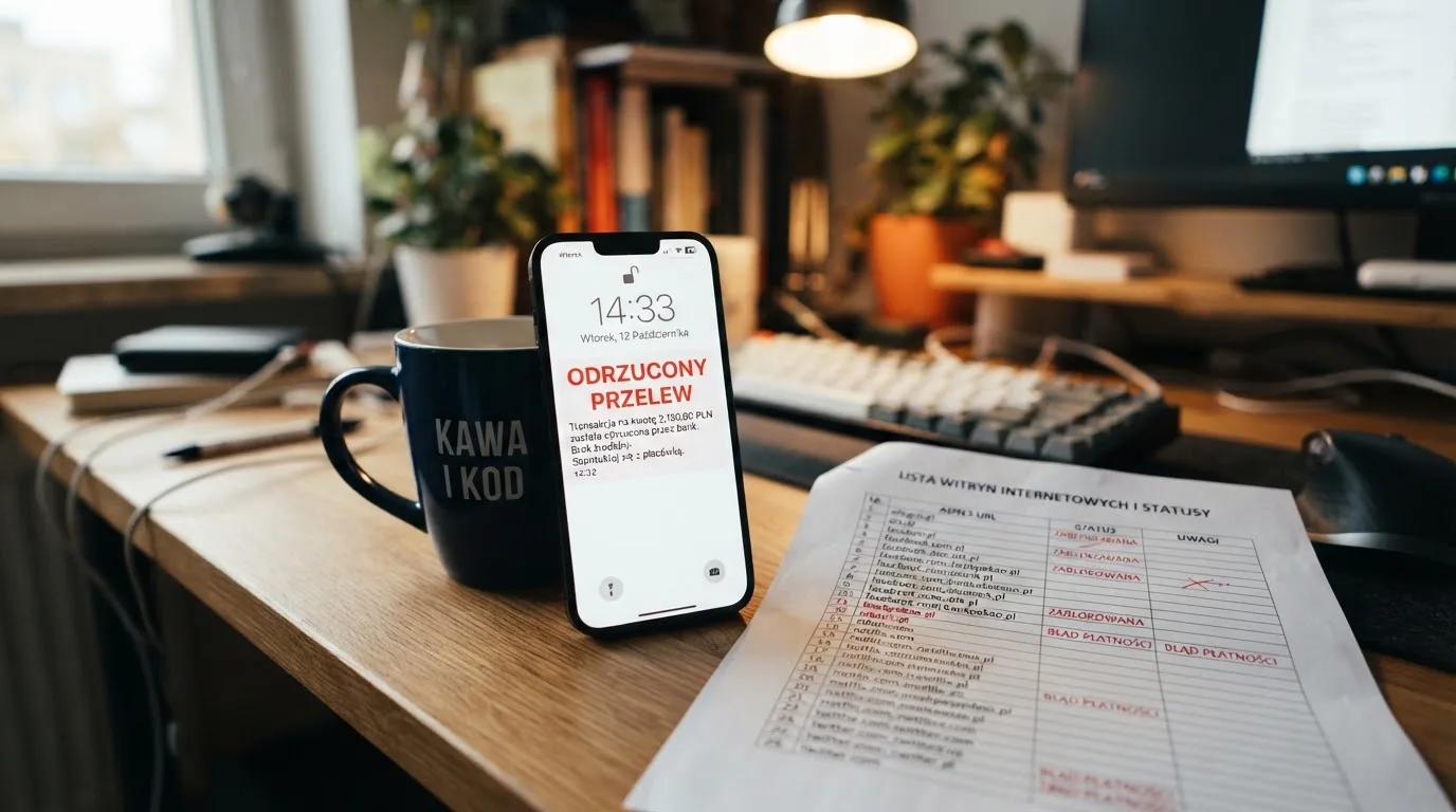 Telefon z komunikatem o odrzuconej płatności na ekranie, obok wydruk tabeli z listą zablokowanych adresów stron