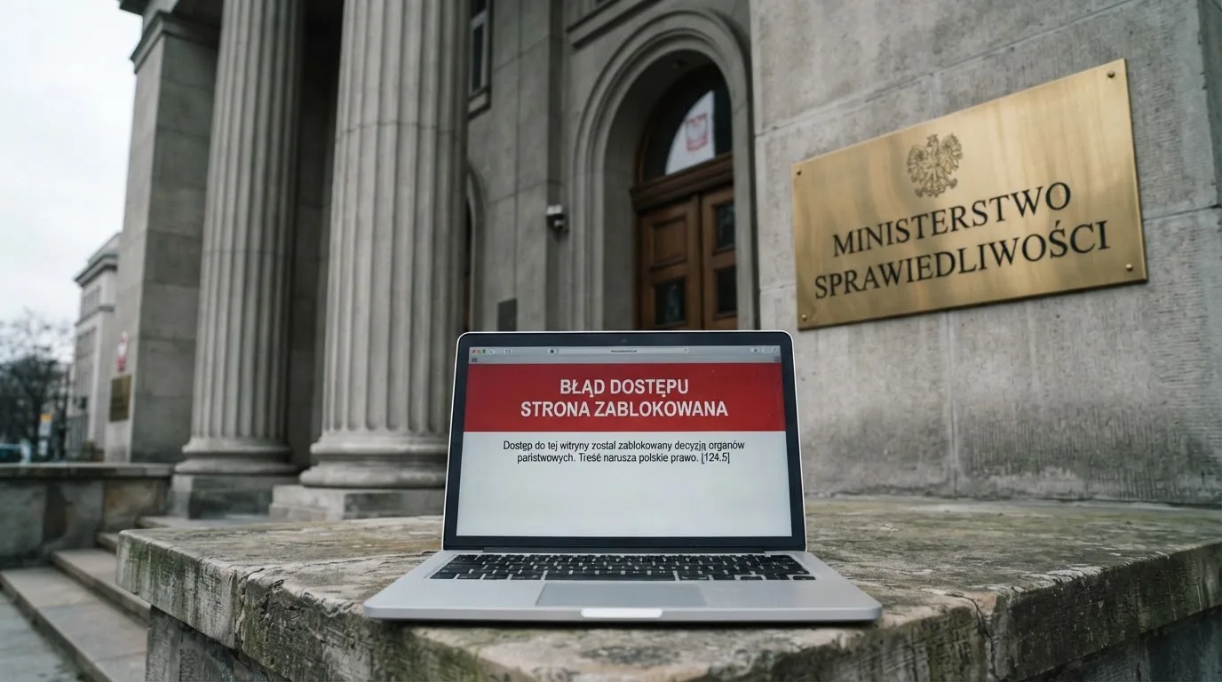 Budynek urzędu z tablicą ministerstwa, na pierwszym planie laptop z komunikatem o zablokowanej stronie kasyna
