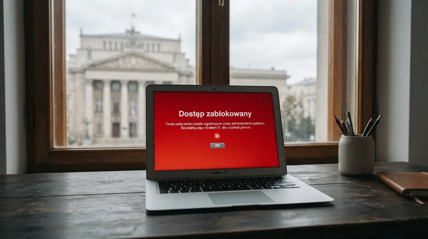 Laptop z komunikatem o zablokowanej stronie hazardowej, w tle budynek urzędu z tablicą ministerstwa