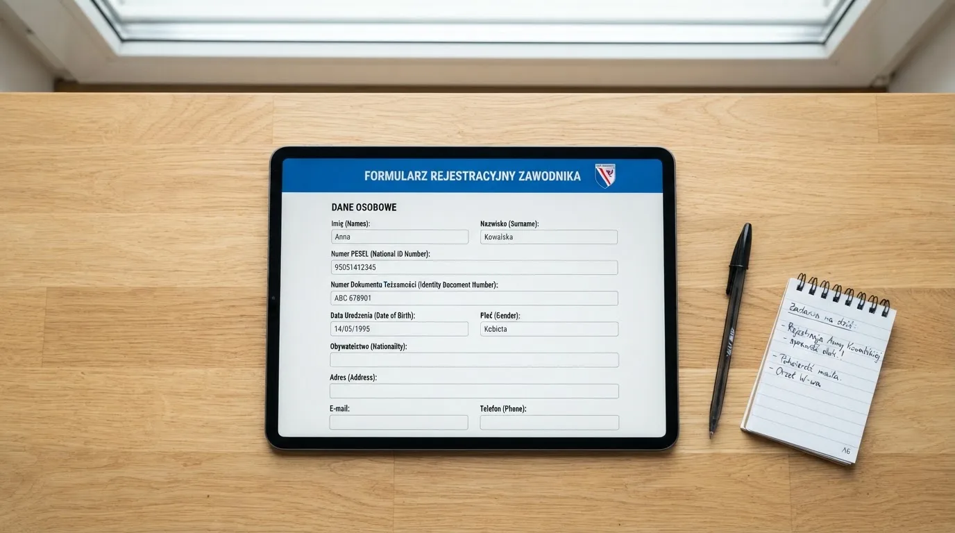 Formularz rejestracji konta gracza z polami na PESEL i numer dokumentu tożsamości na ekranie tabletu