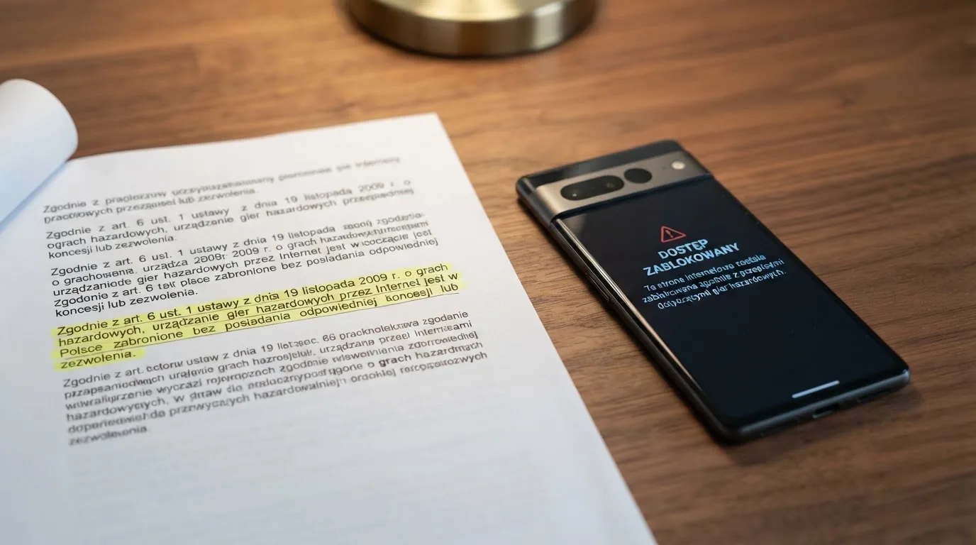 Wydruk ustawy o grach hazardowych z zakreślonymi artykułami leżący na biurku obok wyłączonego smartfona