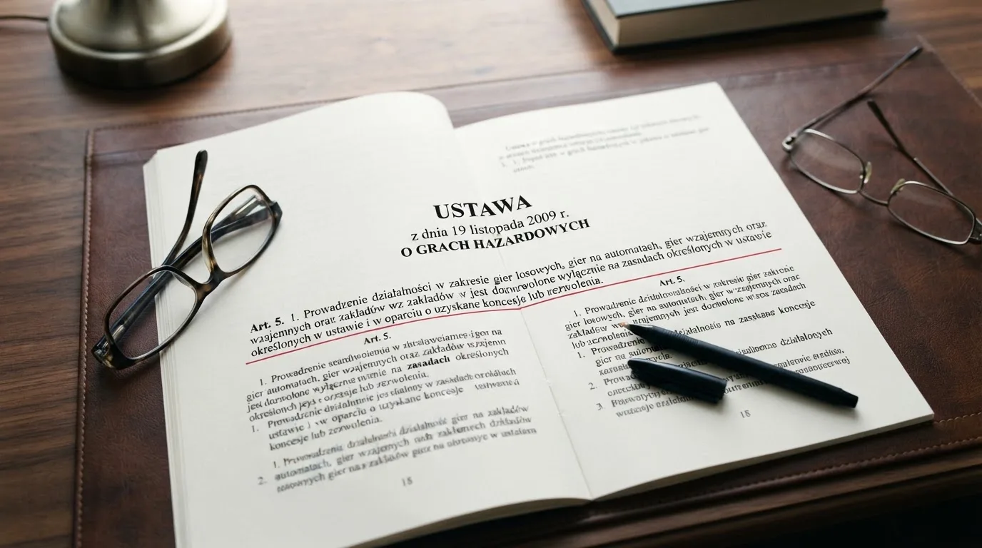 Wydrukowany tekst ustawy o grach hazardowych otwarty na artykule 5, obok okularów i długopisu na biurku