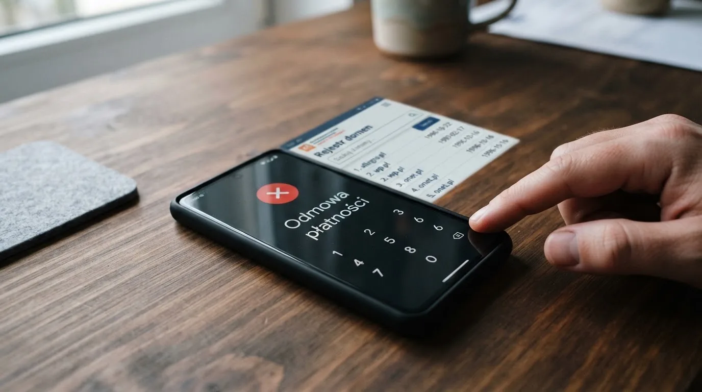 Ekran telefonu z odrzuconą płatnością BLIK obok otwartej w przeglądarce wyszukiwarki rejestru domen Ministerstwa Finansów
