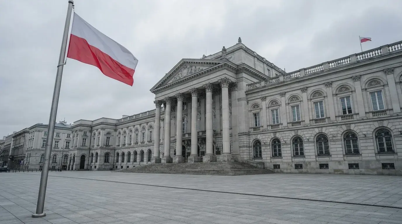 Budynek urzędu administracji państwowej z flagą Polski na maszcie w tle