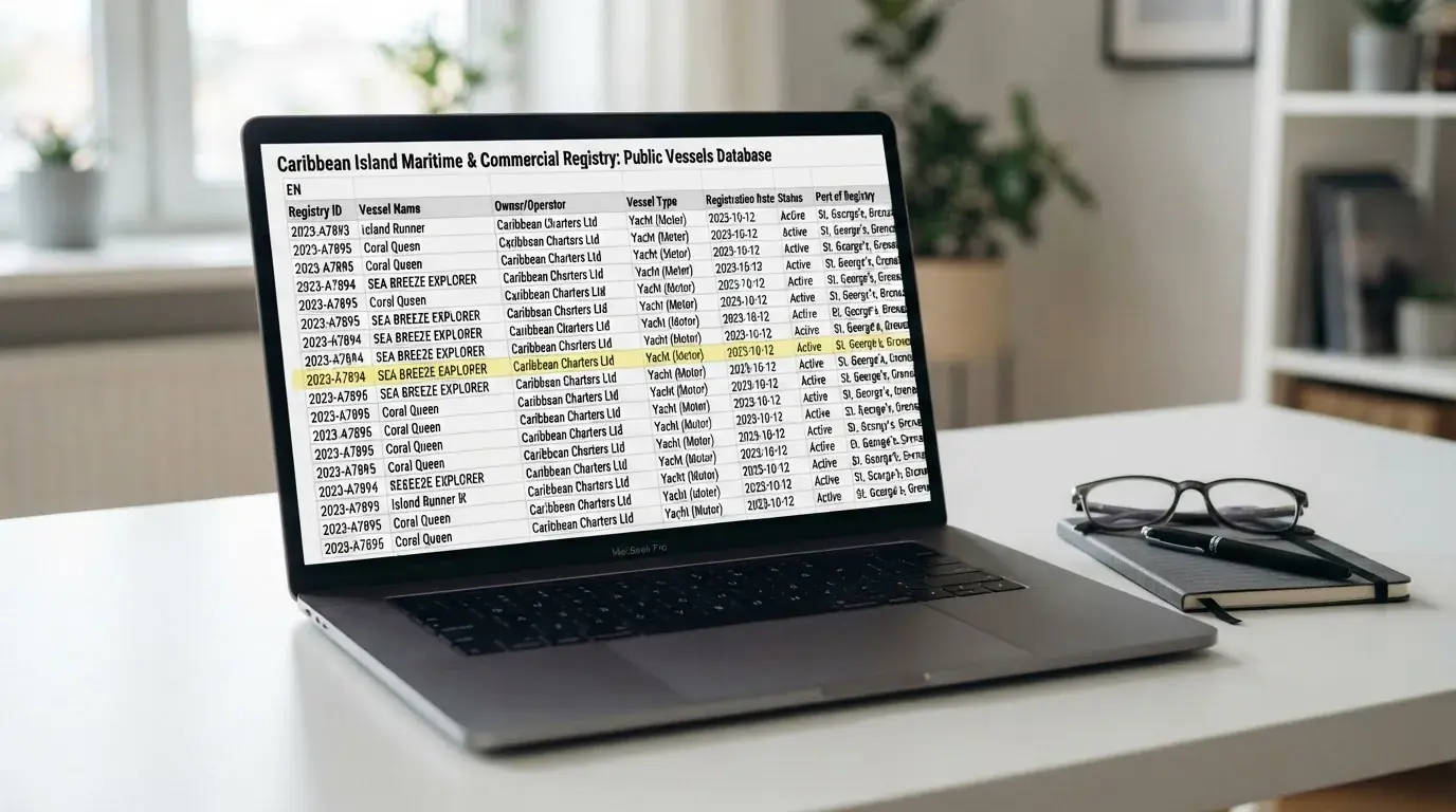 Ekran laptopa z otwartym rejestrem licencji regulatora z Curaçao, w którym jeden wiersz zaznaczono żółtym podświetleniem