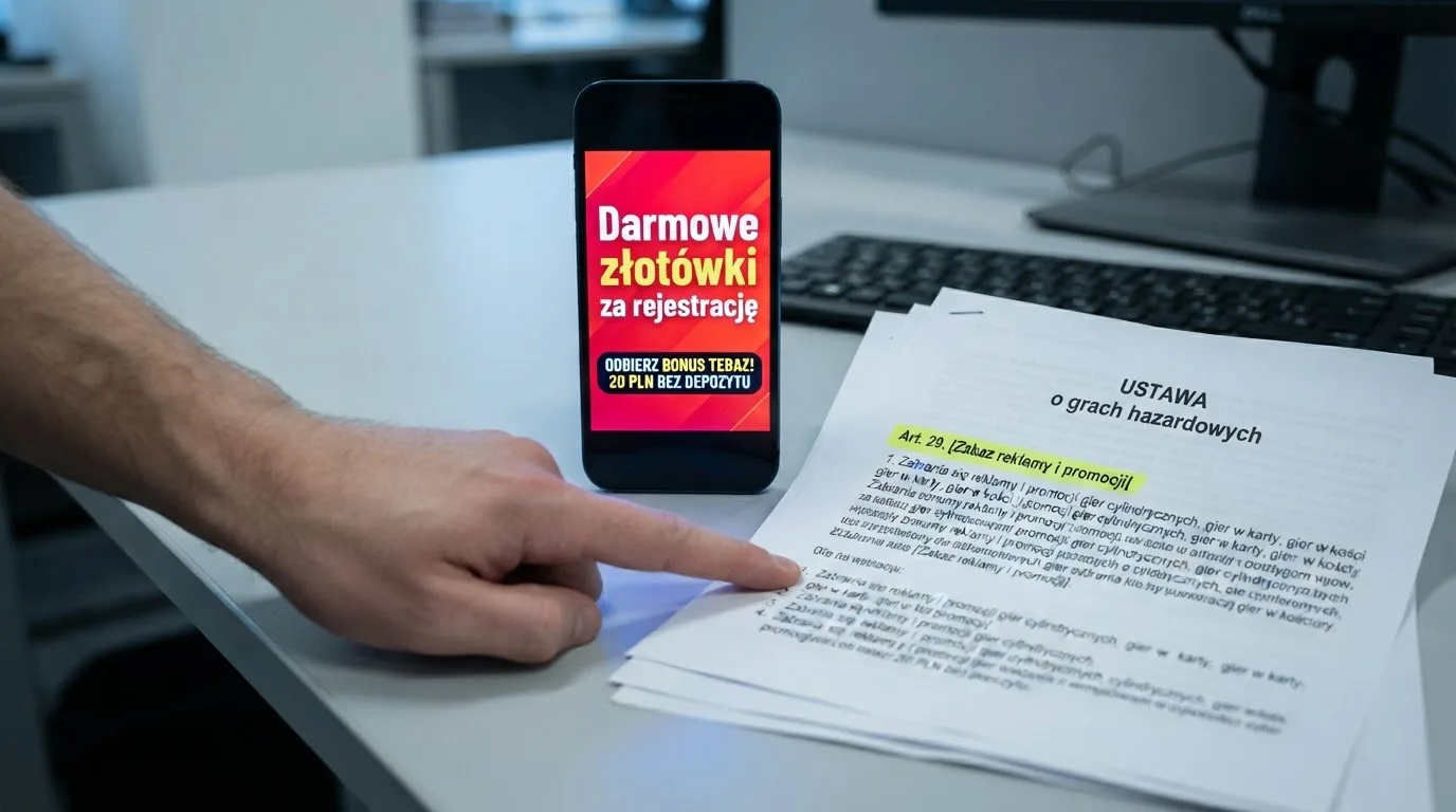Telefon z banerem obiecującym darmowe złotówki za założenie konta, obok wydrukowany tekst ustawy o grach hazardowych z zaznaczonym artykułem