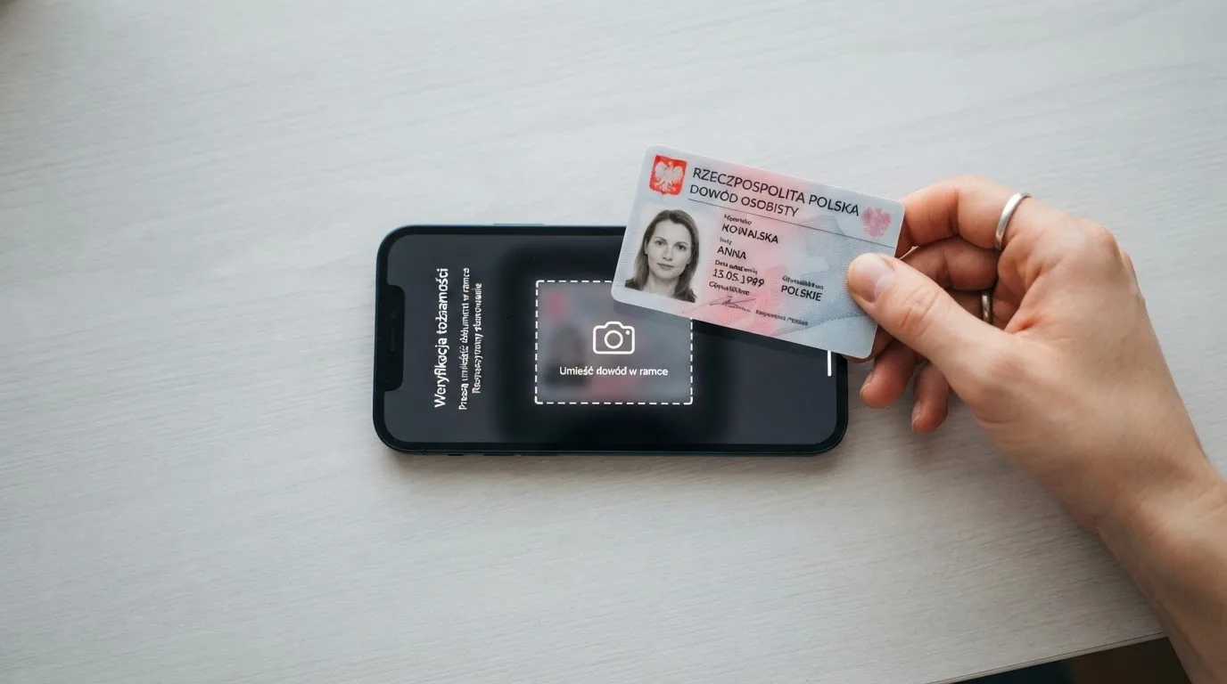 Dłoń trzymająca dowód osobisty nad smartfonem z otwartym formularzem przesyłania zdjęcia dokumentu
