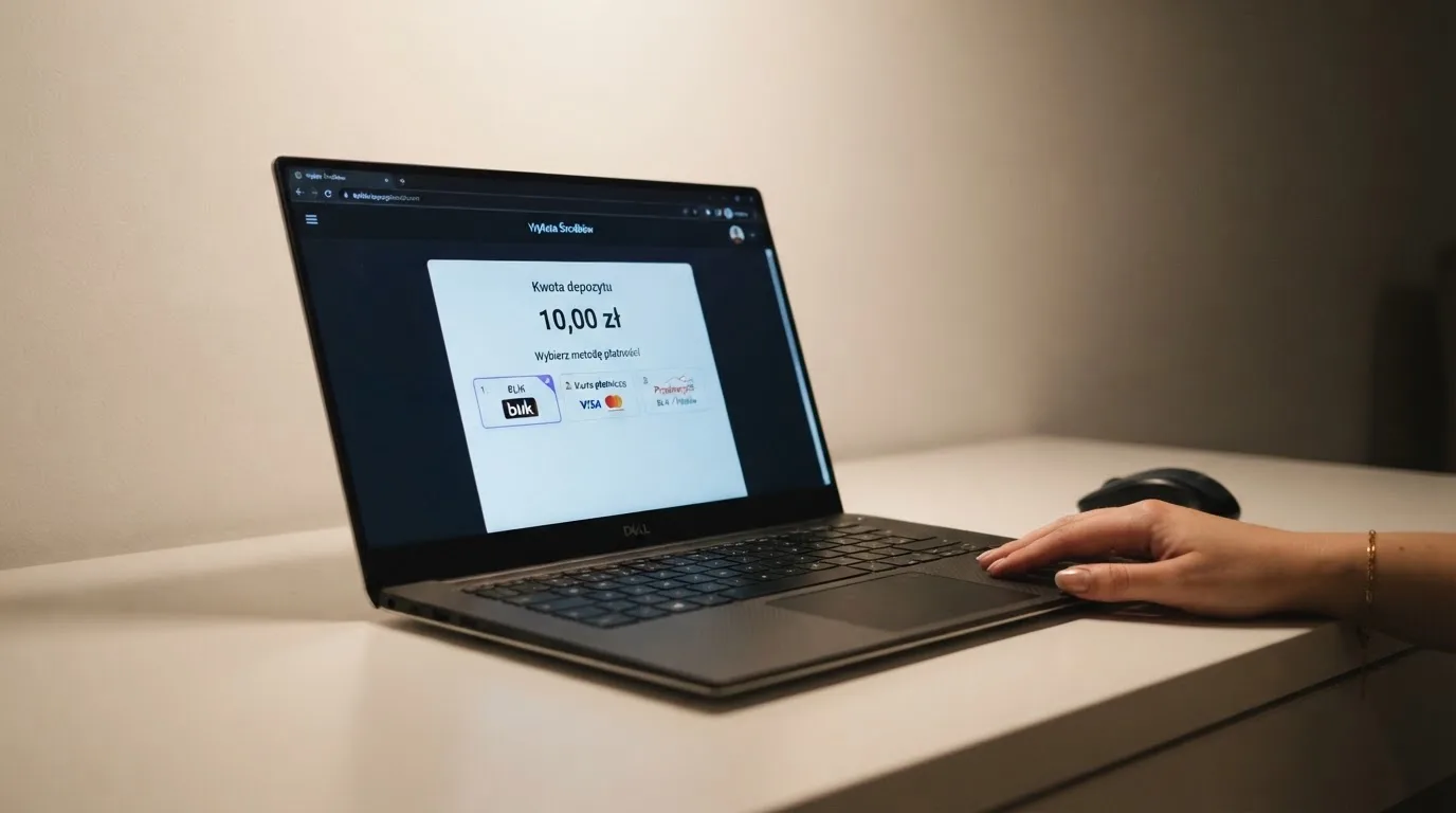 Laptop z otwartym oknem wpłaty na kwotę 10 zł i listą metod: BLIK, karta płatnicza, szybki przelew