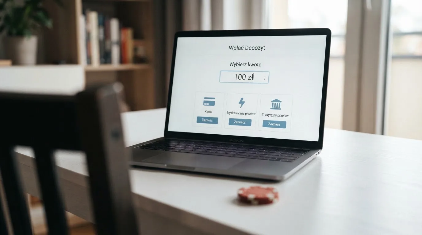 Laptop z oknem wpłaty na ePortfel, wpisana kwota 100 zł i lista metod: BLIK, karta płatnicza, szybki przelew