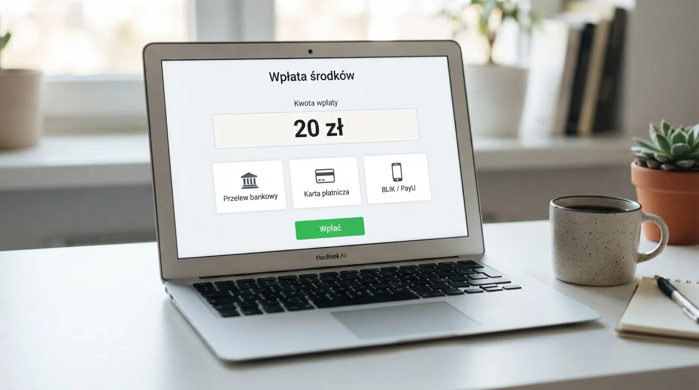 Laptop z otwartym formularzem wpłaty na kwotę 20 zł i wyborem między szybkim przelewem, kartą płatniczą a BLIK-iem